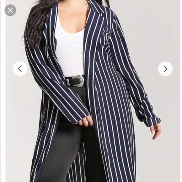 Jackets & Blazers - Forever 21 Plus Navy Stripe Cardigan Duster Jacket
